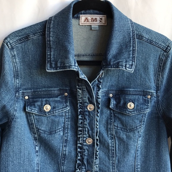 AMI denim blue jean jacket with ruffle detailing, L - Picture 2 of 11